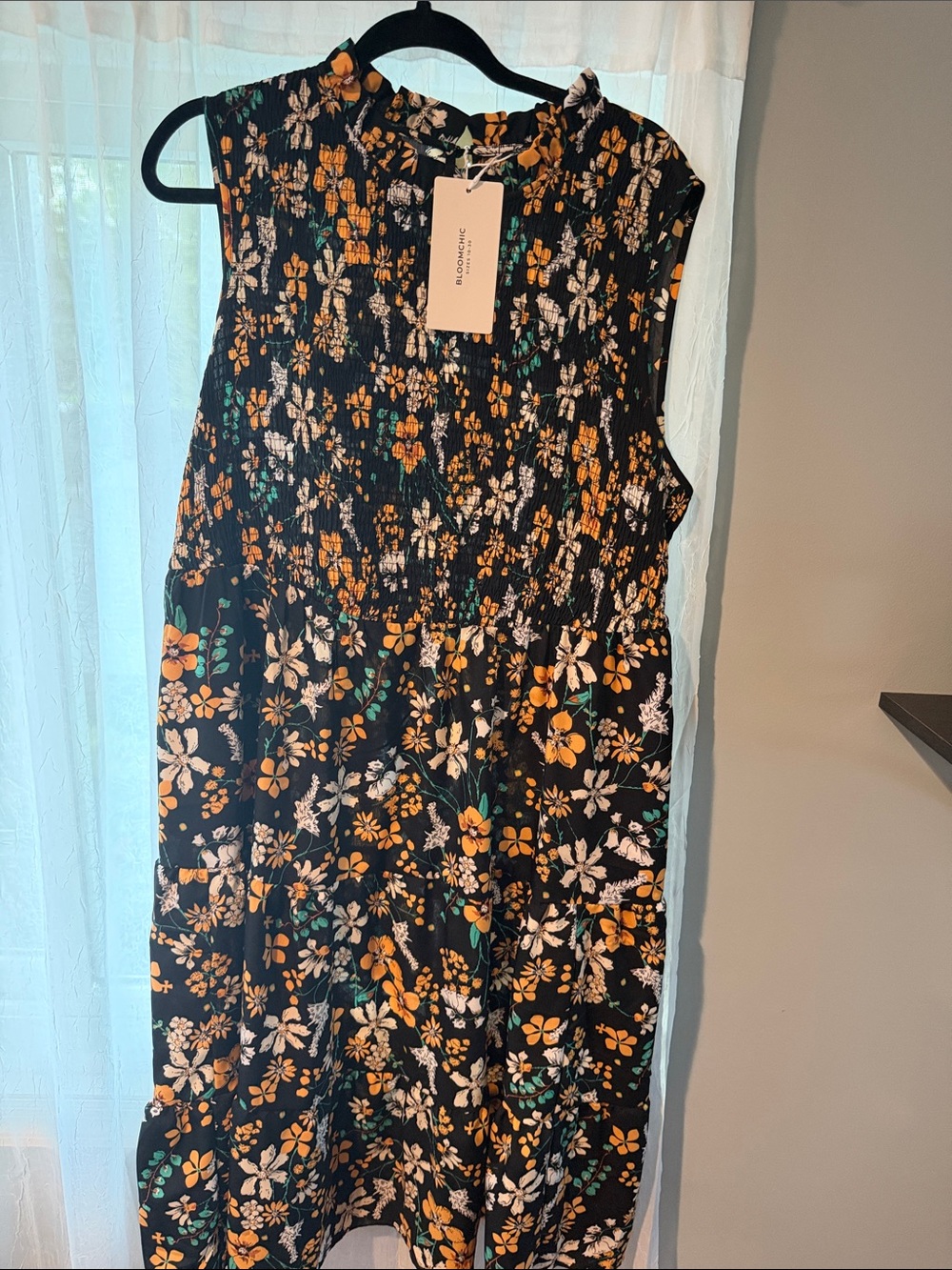 Smocked Floral Midi Dress - Black with Mustard & White Floral